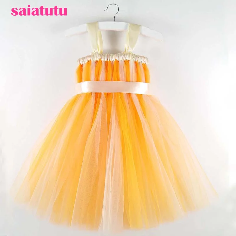 Yellow Color Girls Flowers Long Tutu Dress Kids Tutus Ball Gown with Ribbon Bow Children Party Performance | Детская одежда и