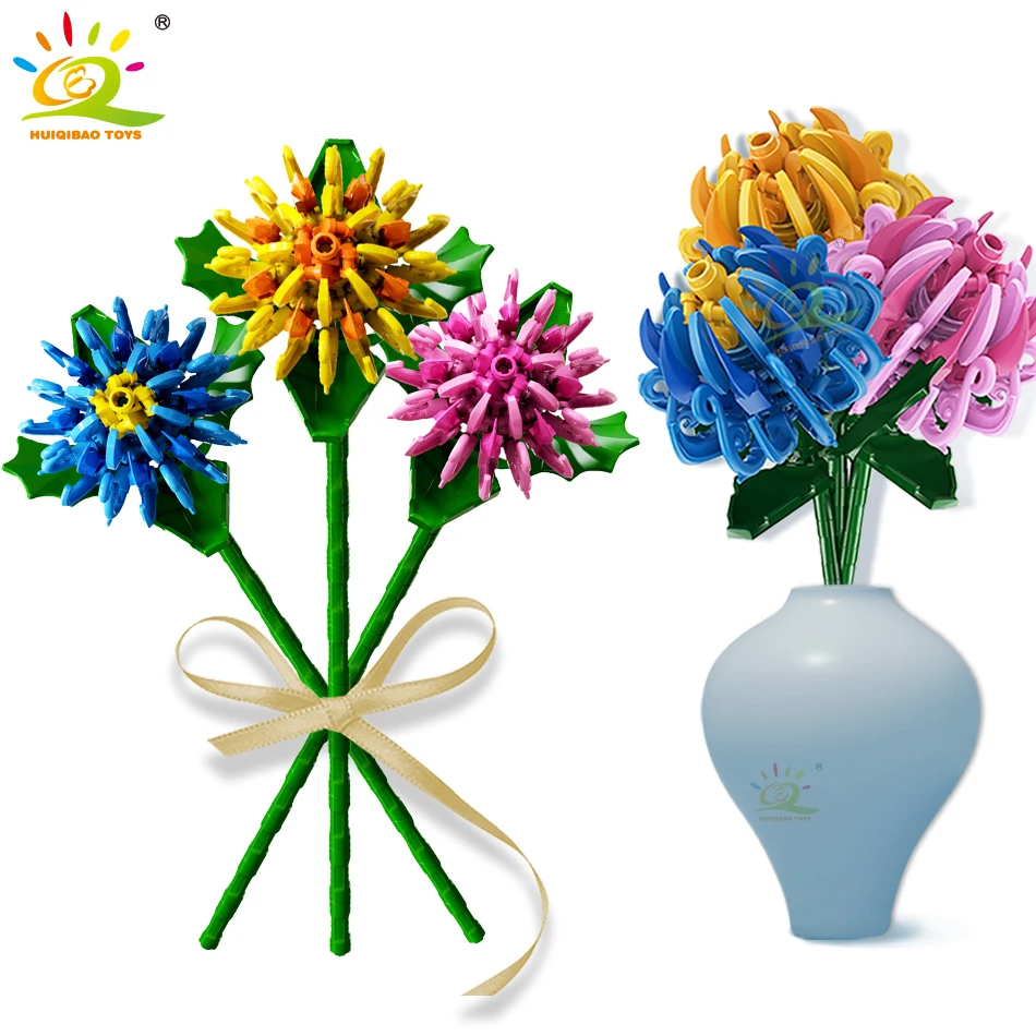 HUIQIBAO 3 Colors Chrysanthemum Flower Bouquet Building Blocks City Ideas MOC Imitation Plant Brick Construction Children Toys