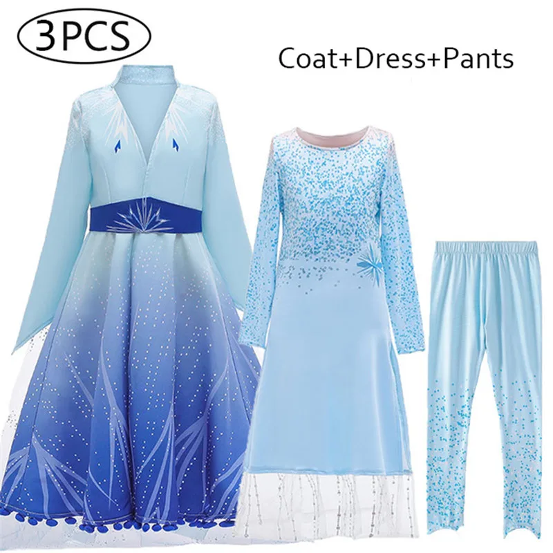 Косплэй костюм Снежная Королева Анна Эльза для девочек из 2 вещей, одежда на год, платье в стиле «принцесс» для девочки, с длинным рукавом детская одежда 3-10Ys - Цвет: Coat  dress  pants