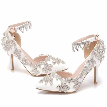 

2019 summer new 8 cm fashion large size sandals stiletto pointed white rhinestone wedding shoes women's high heels side air