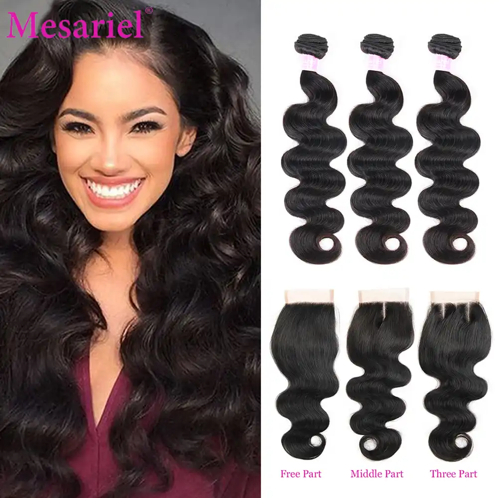 Mesariel Body Wave Bundles With Closure Brazilian Hair Weave 3 4