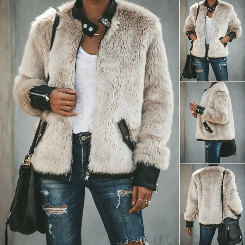 

Women Warm Teddy Bear Fleece Leather Patchwork Pocket Long Sleeve Slim Jacket Zip Up Oversize Outwear Coats