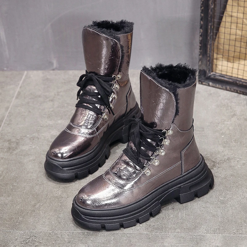 2019 New Designer Glitter Winter Boots Women Shoes Lace Up Silver Bling Leather Warm Snow Boots Fur Plush Chunky Boot Waterproof