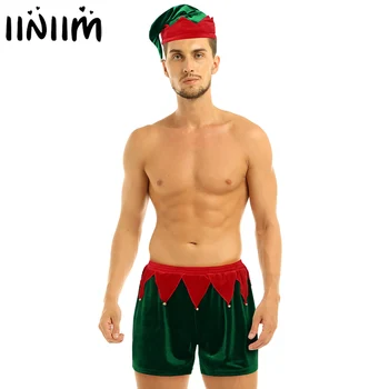 

Christmas Sexy Lingerie Set Mens Hot Boxer Shorts with Bells Hat Christmas Green Elf Cosplay Outfit Homme Club Wear Fancy Dress