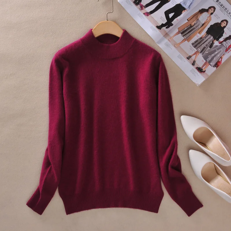 Осенний свитер с высоким воротом, женский зимний свитер, одежда для отдыха, кашемировый вязаный свитер, толстая вязаная рубашка, топы черного цвета - Цвет: Бургундия