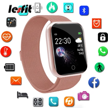 

Lesfit Pink Stainless Steel Digital Smart Wristbands Watch Android Ladies Smart Digital Watch Bracelet Bluetooth Fitness Tracker