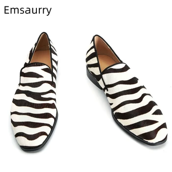 

2020 New Zebra-pattern Horsehair Dress Shoes Man Round Toe Flat Slim Casual Loafers Chic Spring Autumn Men Shoes