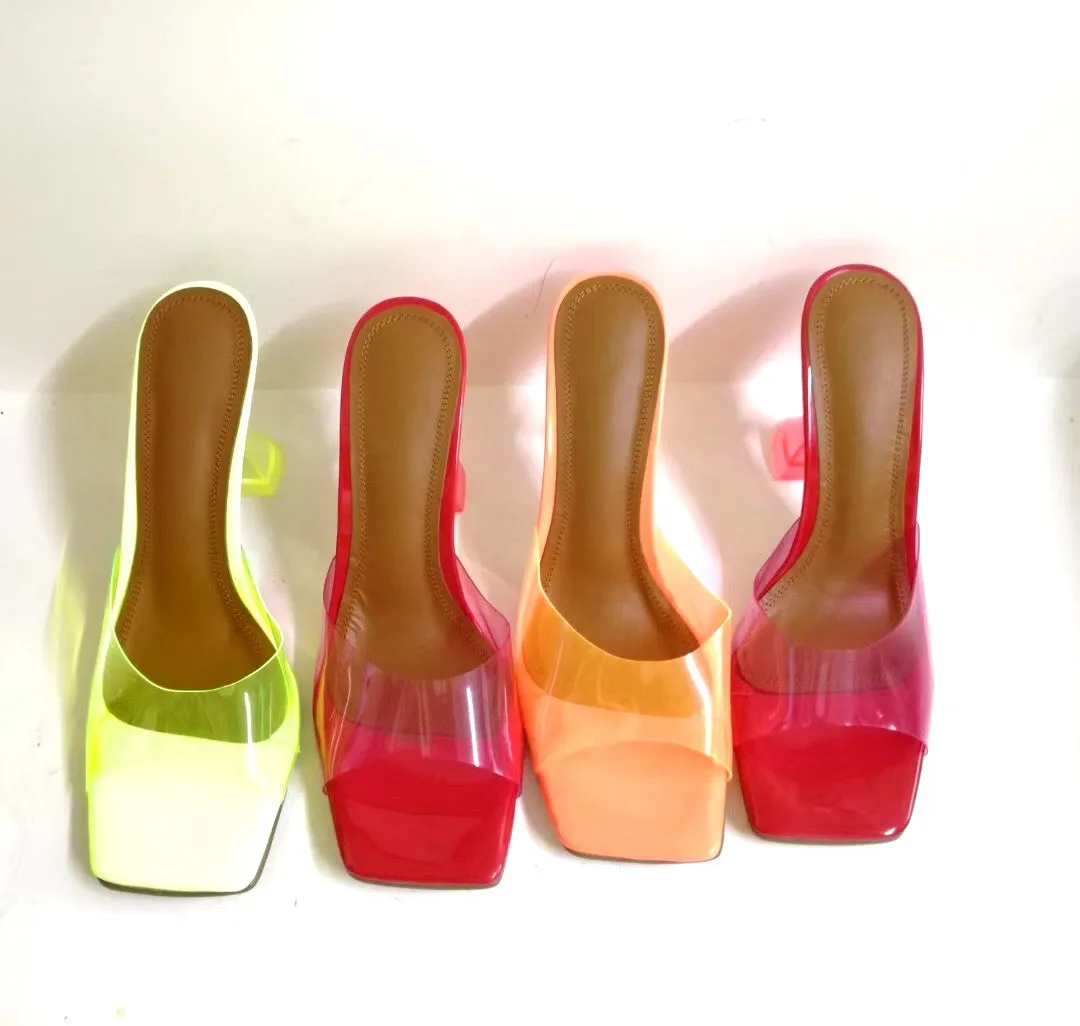 VIISENANTIN/Яркие Прозрачные Тапочки ПВХ; летние туфли на высоком каблуке; лаконичные женские вечерние туфли на высоком каблуке с открытым носком и квадратным носком