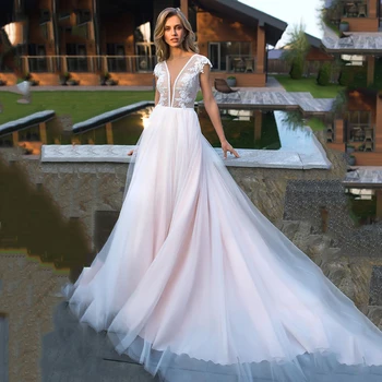 

Illusion Back Deep V Neck Lace Tulle Wedding Dress Cap Sleeve A Line Long Trail Vestidos De Noiva Bridal Gowns 2020 Elegant