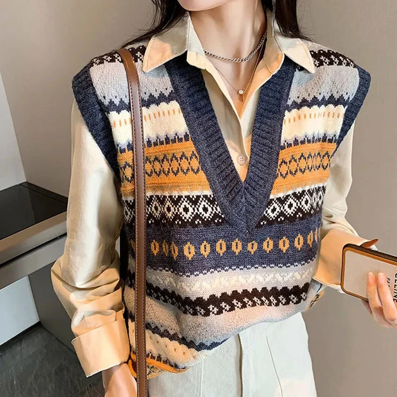 Vintage Argyle V-neck Knitted Sweater Vest Women Loose Sleeveless Sweater Pullover Autumn Korean Casual Oversized Knit Waistcoat