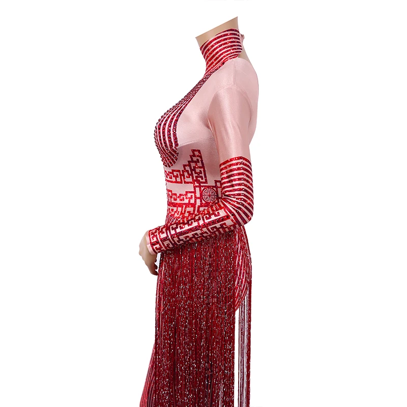 Красные Сценические костюмы для танцовщиц с длинной кисточкой, женские облегающие стразы, комбинезон, боди для танцев на шесте, одежда для выступлений Showgirl