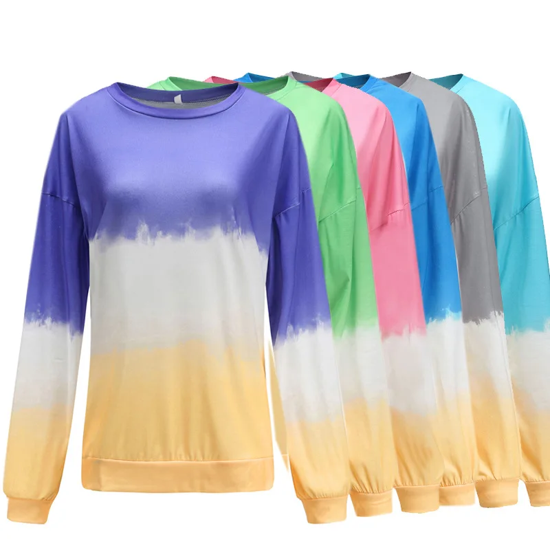 Khoshtib женская футболка с длинными рукавами градиентного цвета Новая мода темперамент пуловер с круглым вырезом свободная рубашка с длинными рукавами для женщин