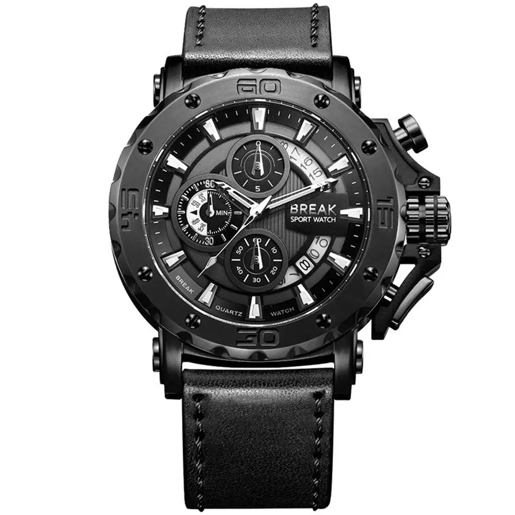 HobbyLane BREAK 5690 водонепроницаемые повседневные Кварцевые спортивные часы с большим циферблатом и кожаным ремешком - Цвет: black