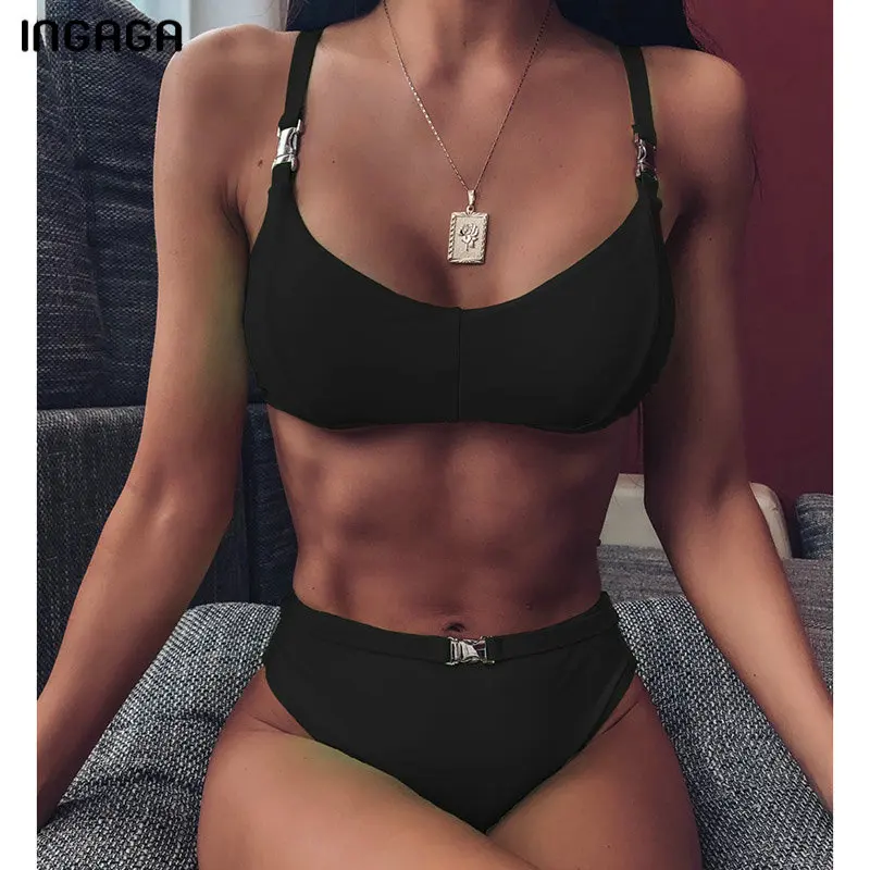 

INGAGA High Waist Brazilian Bikinis Sexy Push Up Swimsuit Female Solid High Cut Swimwear Women Black Belted 2020 New Biquini