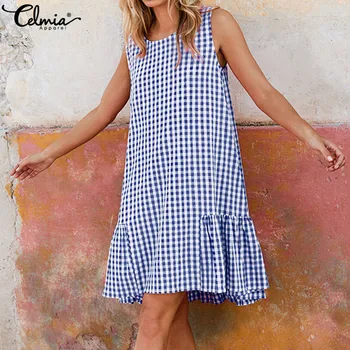 

Summer Dress Women Celmia Vintage Plaid Ladies Sundress Casual O-neck Sleeveless Beach Dresses Loose Pleated Vestidos Plus Size