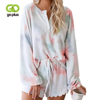 

GOPLUS Women's Fashion Sexy Pajamas Sleepwear Tie-dye Home Clothes Sport Casual Pajamas Sets Soft Winter 2020 Home suit Nightie