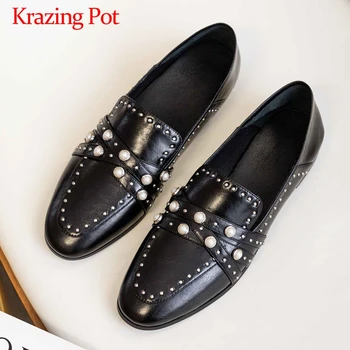 

Krazing Pot fashion rivets pearl decorations genuine leather shoes slip on loafers round toe low heels women leisure pumps L80