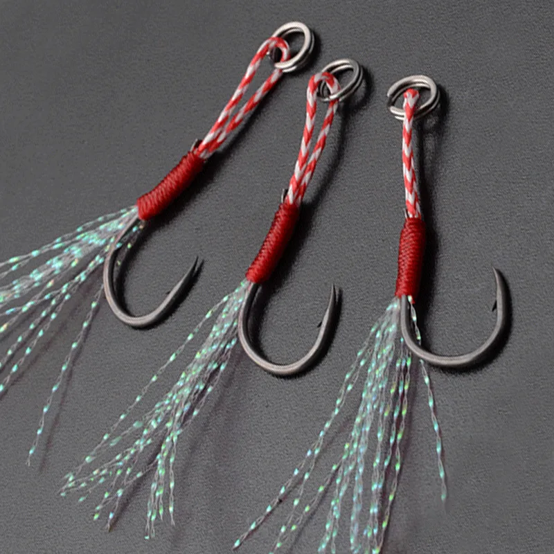 100pcs/Lot Assist Hook Fishing Lure Slow Jigging Fish Cast Jigs Barbed Single Jig Hooks Thread Feather Pesca Carbon Steel Peche 4