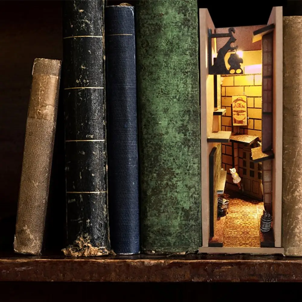 Decorazione per fermalibri in legno inserto per libreria medievale del  villaggio libreria in legno inserto per angolo del libro Decor con luce a  LED - AliExpress