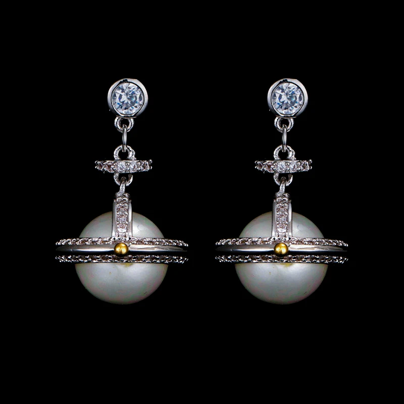 

Cute Fmelae Ladies Planet Stud Earrings With Zircon Elegant Silver Color Pearl Earrings Unique Style Promise Wedding Earrings