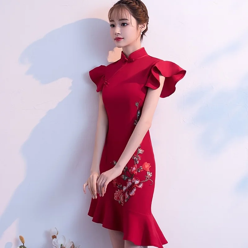 Красное свадебное платье Cheongsam в китайском стиле, винтажные женские короткие Ципао, классическое платье для выступлений на сцене, элегантные китайские платья TA1825