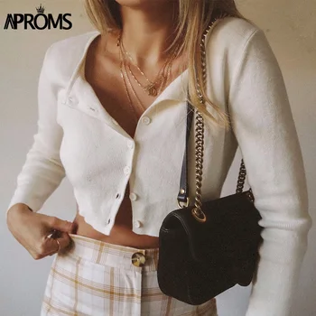 Image of Aproms Candy Color Ribbed Knitted Cardigan Women Autumn Winter Long Sleeve Basic Cropped Sweaters Female Casual Short Jumper Top