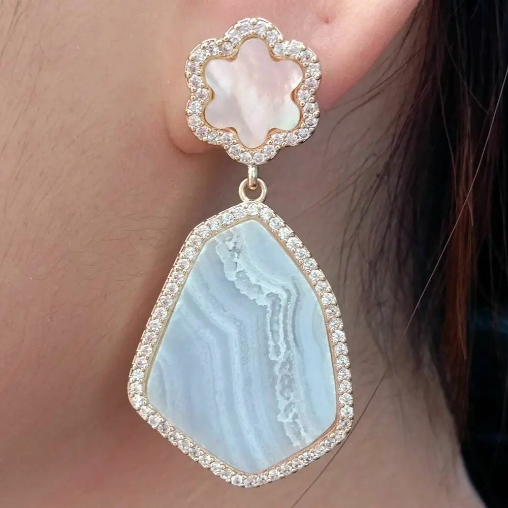 

Natural Chalcedony White Mop Flower Cz Pave Stud Earrings