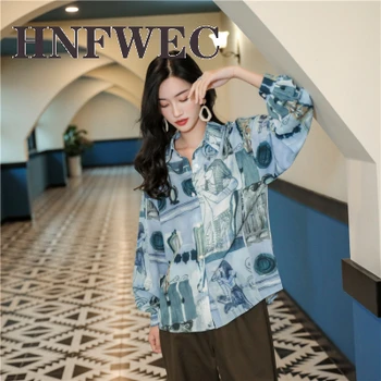 

Korea Pope Vintage Print Blue Long Sleeve Blouse Button Down Shirt Loose Top Lantern Sleeve Blouse Fall 2020 Clothing V023