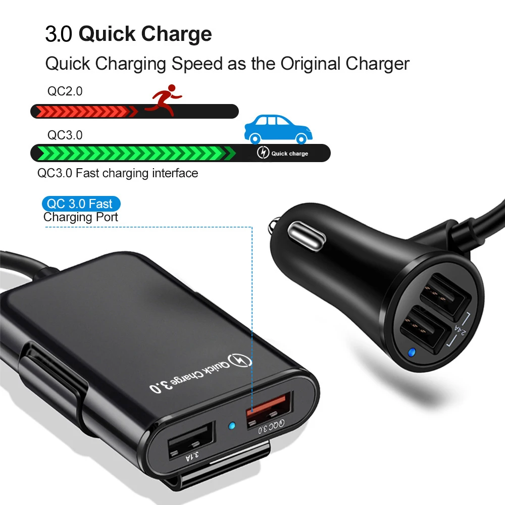 4 Port USB Car Charger Quick Charge QC3.0 5.6ft Extension Cable For iPhone 12 Xiaomi Mobile Phone Driving Recorder Fast Charging 65w usb c charger