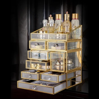 

Glass Cosmetic Storage Box Dressing Table Shelf Organisateur Maquillage Desktop Jewelry Earring Finishing Drawer Organizer