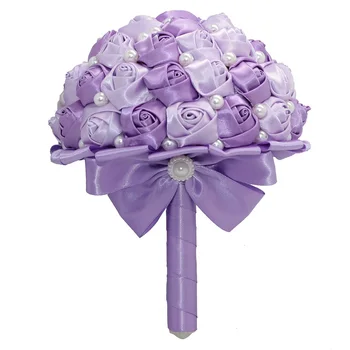 

New 18cm Purple Artificial Wedding Flowers Bridal Bouquet Satin Pearls Rose Bridal Bouquet With Handle Wedding Supplies
