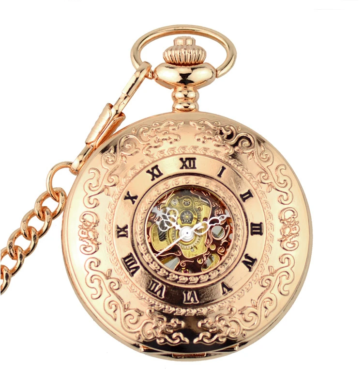 

New Fashion Steampunk Pocket Watch Rose Gold Mechanical Pocket Watches Flip Clock Retro Skeleton Vintage Pocket Fob Watch Chain