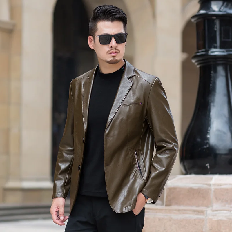 

Leather Clothing Autumn Thin Section Loose Coat Haining Skin Suit Leisure Time Self-cultivation Short Fund Jacket Dad Dress