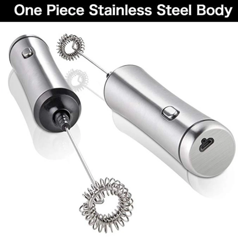 USB Chargeable Electric Milk Frother Double Spring Whisk Head Stainless Steel Handheld Coffee Foamer Drink Mixer Bubbler