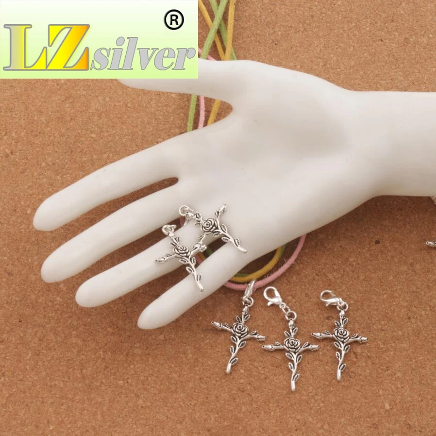 80pcs Zinc Alloy Vintage Rose Flower Cross Clasp European Lobster Trigger Clip On Charm Beads C440 23.7x48.5mm