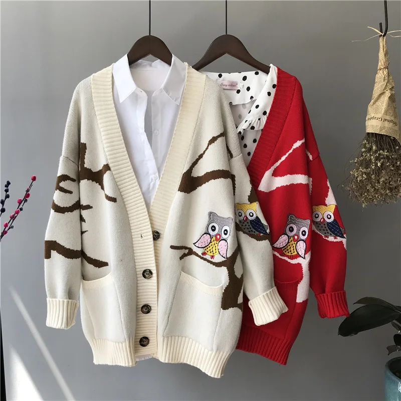 

Korean Embroidery Owl Kintting Cardigans Coat Women 2019 Autumn Winter Sweater Medium-Long Loose Jacket Clothing