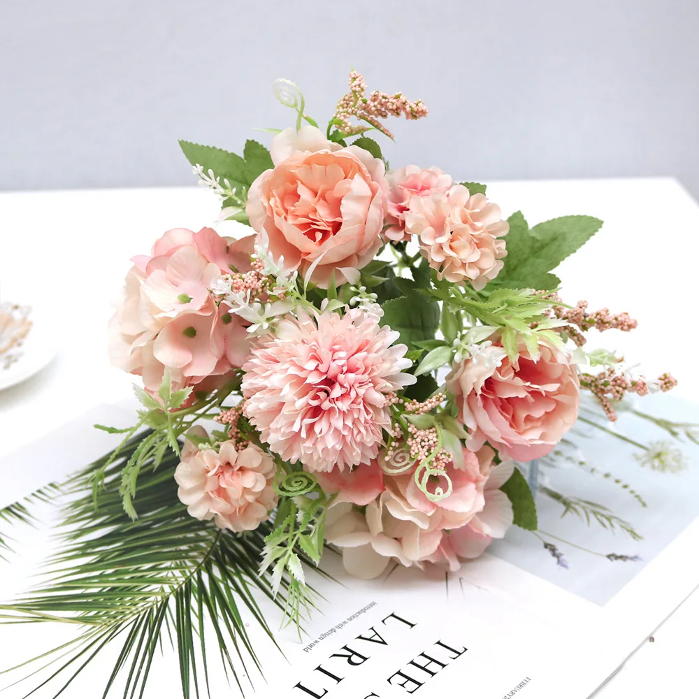 Artificial Flowers Set, Fake Silk Hydrangea Bouquet Chrysanthemum  DecorPlastic Flower Arrangements Bouquet Decorations for Weddings Home