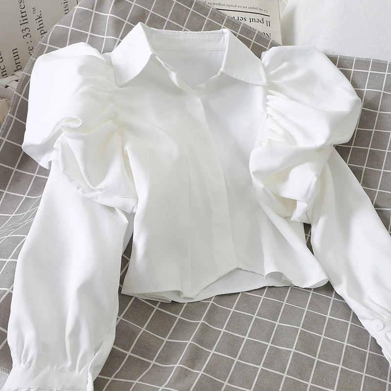 white Neploe, отложной воротник, большая пышная однотонная блузка с длинным рукавом, осень-весна, новинка, праздничная дизайнерская блуза на пуговицах, Пляжная рубашка 48189 - Цвет: white