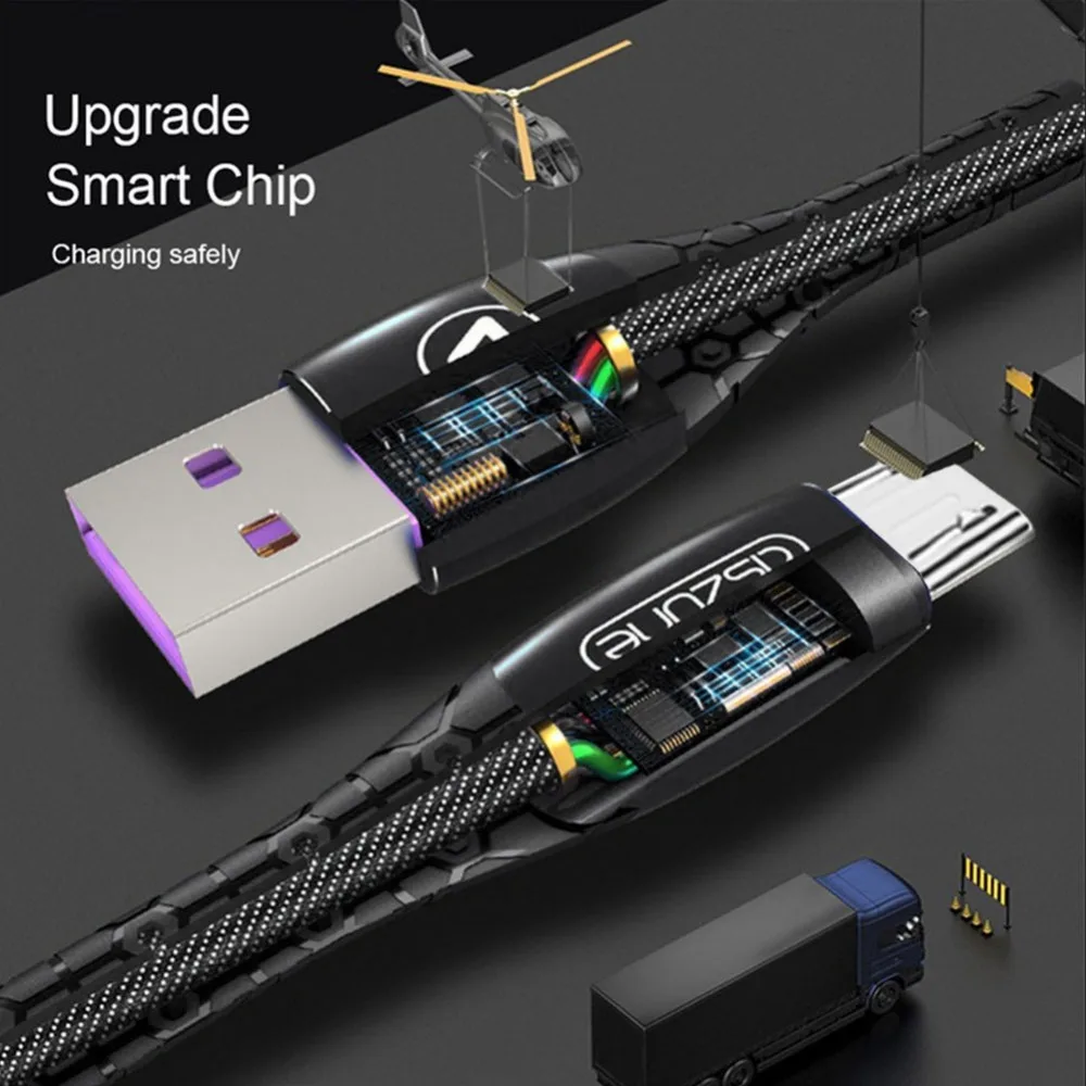 3а Плетеный Micro USB кабель для мобильного телефона из цинкового сплава светодиодный светильник QC3.0 быстрое зарядное устройство для Android huawei Xiaomi кабели синхронизации зарядки