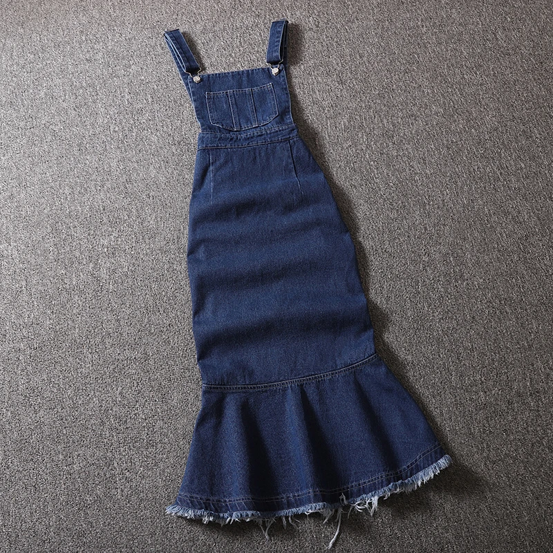 dark blue spring autumn vintage denim mermaid dress women spaghetti strap slim package hip trumpet dress - Цвет: dark blue