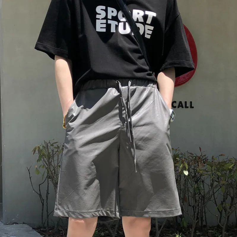 

2020 Summer New Youth Popular Men's Solid Color Korean Leather Five-point Pants Fashion Casual Big Shorts Black/grey M-XL