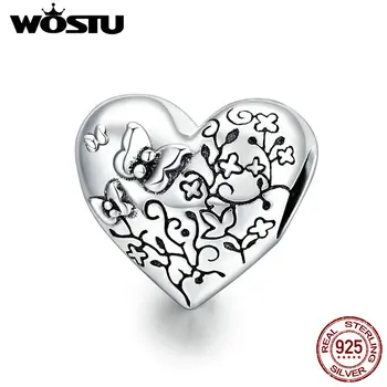 

Wostu Genuine 925 Sterling Silver Heart shape Vine & Butterfly Original Oxidized silver Charm for Brand DIY Jewelry SCC1603