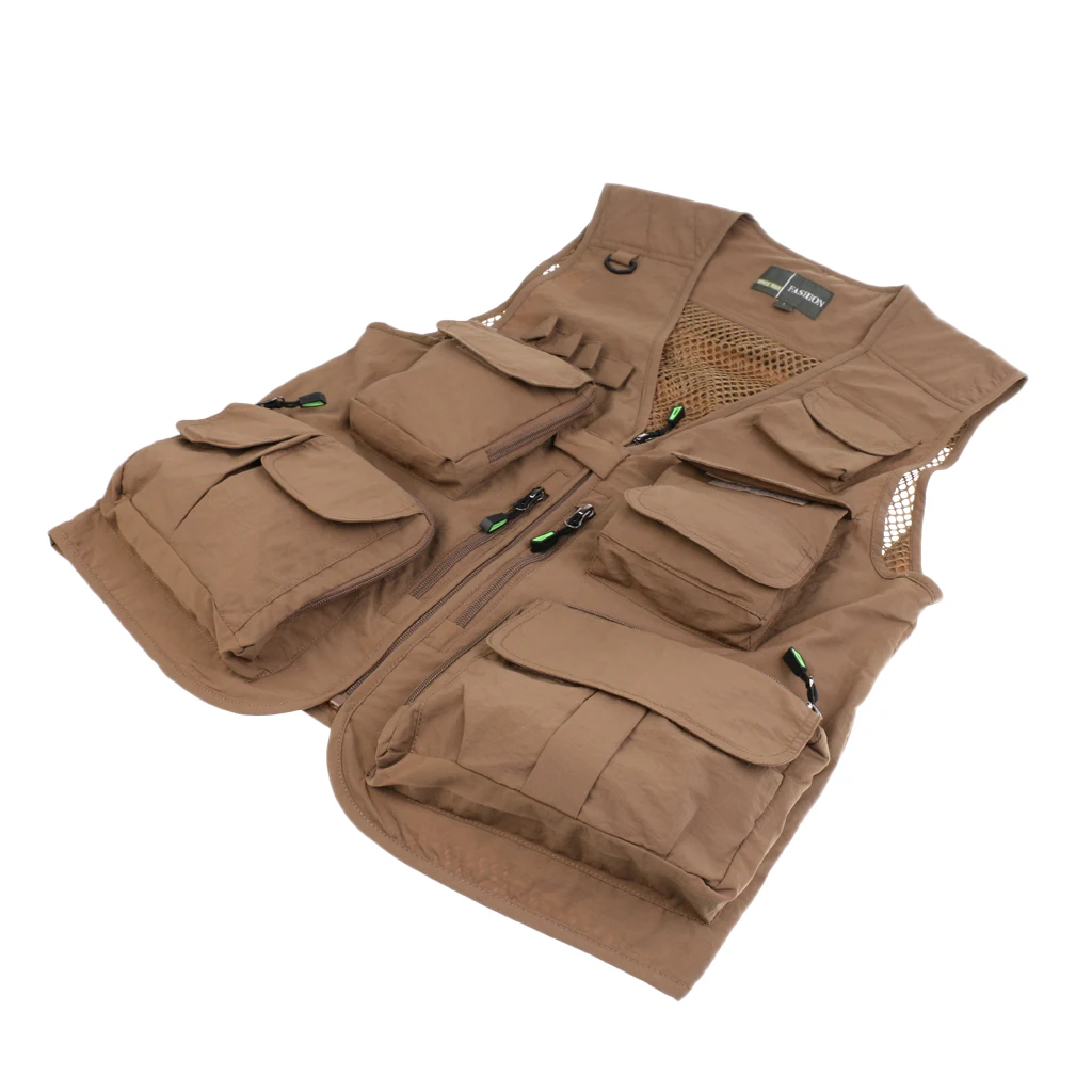 Mens Outdoor Multi-Pocket Fishing Hunting Vest Photography Jacket Khaki