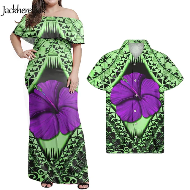 Jackherelook Womens Vintage Maxi Dresses Samoan Hibiscus Polynesian Tribal Brand Design Summer Unisex Clothes Off Shoulder Dress Dark Grey