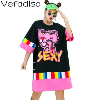 

Vefadisa Cartoon Leopard Women T-shirt 2020 Summer Sequins T-shirt Hit Color Plus Size Long T-shirt Black White Pink QYF2577