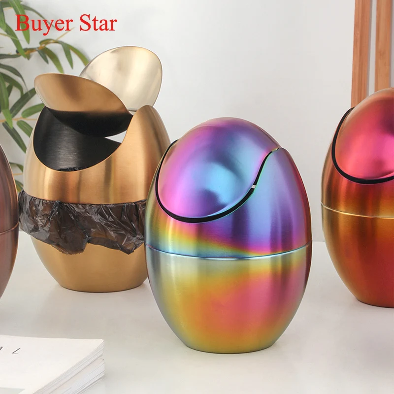 Desktop Waste Bin Gold Mini Metal Waste Bin Desktop Garbage Basket Egg-shaped stainless steel trash can with removable Swing lid Dustbin Basket