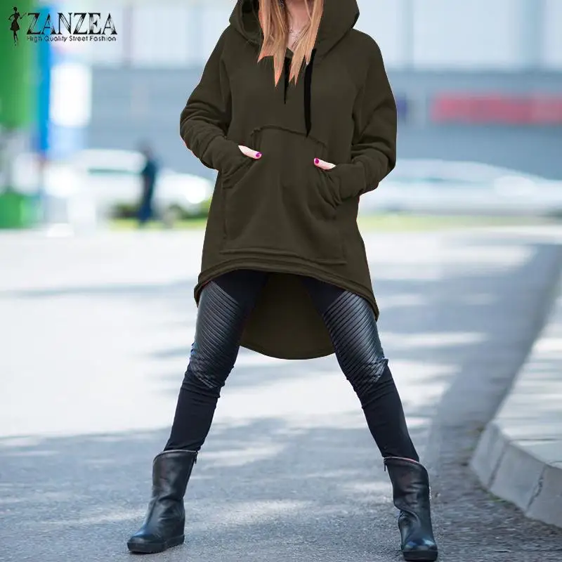 

ZANZEA 2019 Autumn Hoodies Asymmetrical Women Sweatshirts Long Sleeve Hoodies Tops Outwear Pockets Pullovers Overcoats Plus Size