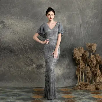 

Sequined & Diamonds Batwing Sleeve V Neck Backless Mermaid Sexy Luxury Dress New Arrival Evening Elegant Dresses Party Club Wear