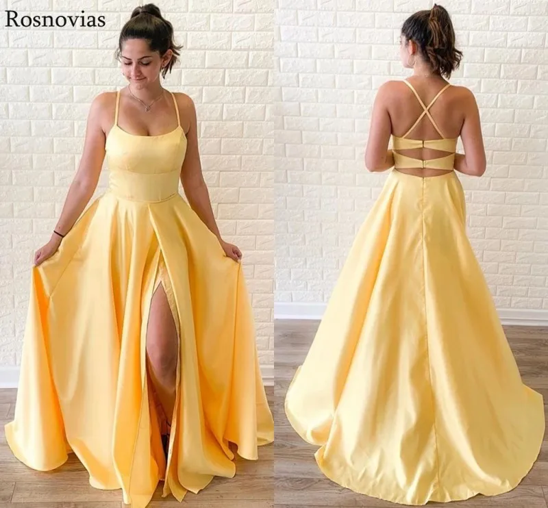 

Cheap Yellow Side Split Prom Dresses 2019 Spaghetti Strap Backless Sweep Train Vestige Formal Evening Party Dresses Long Custom