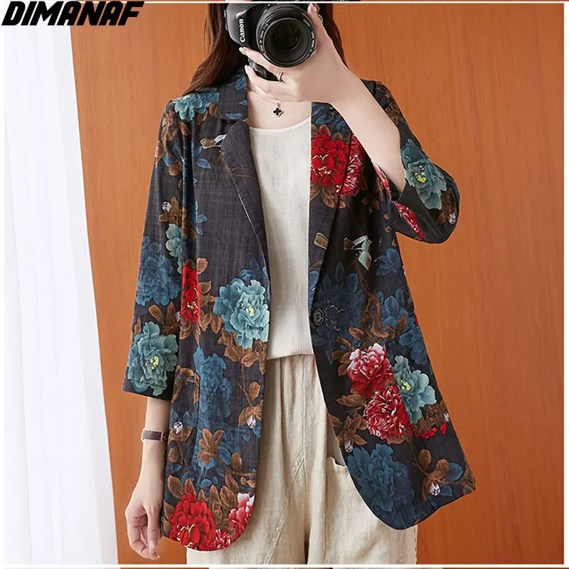 

DIMANAF Plus Size Women Coats 2020 Linen Jacket New Lapel Suit Floral Vintage Pattern Print Coats Spring Short Cardigan Suit